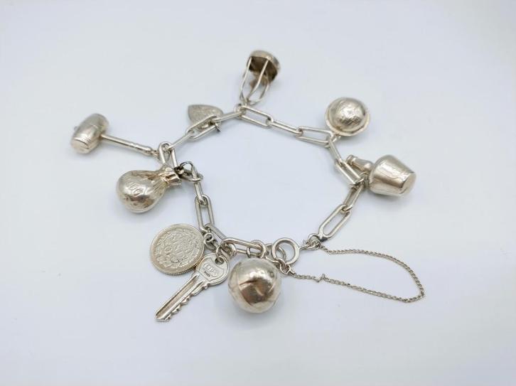 Zilveren bedelarmband met 9 bedels, 19,5 cm, 835, Sieraden, Tassen en Uiterlijk, Armbanden, Gebruikt, Zilver, Zilver, Met bedels of kralen
