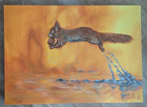 Voor een goed doel: schilderij van springende eekhoorn, Antiek en Kunst, Kunst | Schilderijen | Modern, Ophalen of Verzenden