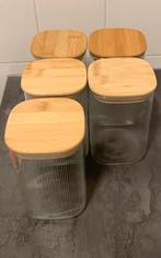 Set van 5 glazen voorraadpotten met bamboe deksel, Ophalen, Zo goed als nieuw, Wit, Bus of Trommel