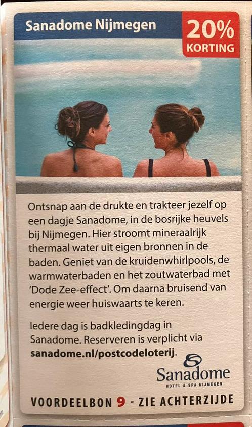 Kortingsbon 20% korting Sanadome Nijmegen, max 4 personen, Tickets en Kaartjes, Kortingen en Cadeaubonnen, Spa of Sauna, Kortingsbon