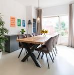 Boomstamtafel eikenhout (220 x 98 cm) met stalen X-poten, Ophalen, Gebruikt, Eikenhout, 200 cm of meer