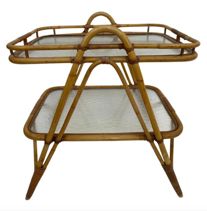 Vintage Rotan Tafel Bijzettafel Rohe Noordwolde Jaren 60, Huis en Inrichting, Tafels | Bijzettafels, Gebruikt, Rond, Minder dan 55 cm