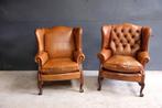 2 authentieke Engelse oor fauteuils, Huis en Inrichting, Fauteuils, Ophalen, Zo goed als nieuw, Chesterfield Engels, Leer