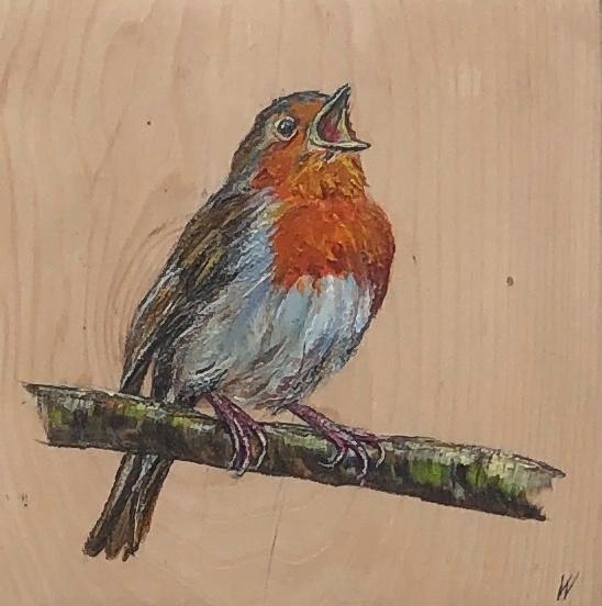 Schilderij Roodborstje op gebruikt hout, Antiek en Kunst, Kunst | Schilderijen | Modern, Verzenden