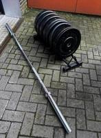 110kg Crossmaxx Bumperplates, Barbell 220cm , Opbergrek, Ophalen, Gebruikt, Halterschijven