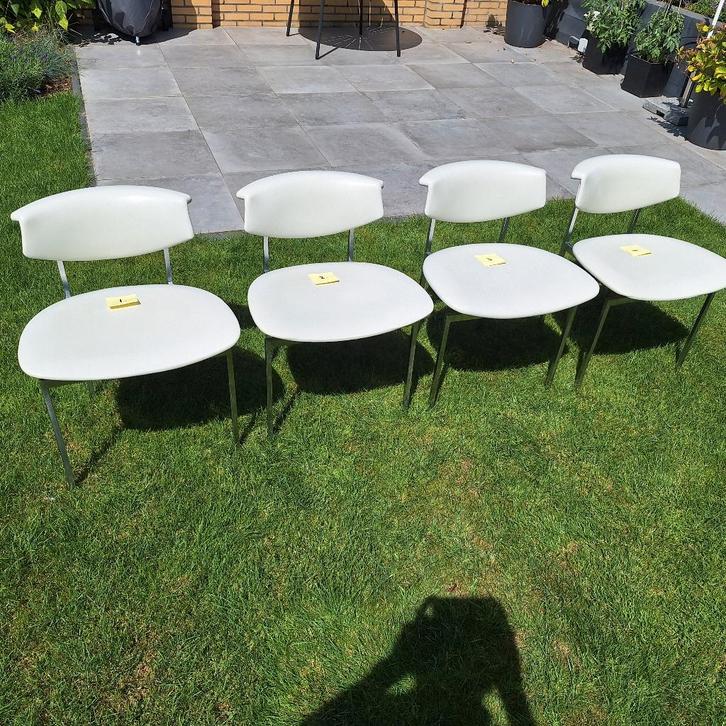 4x Vintage Design Rudolf Wolf Meander Alpha eetkamerstoelen, Huis en Inrichting, Stoelen, Gebruikt, Vier, Metaal, Overige materialen