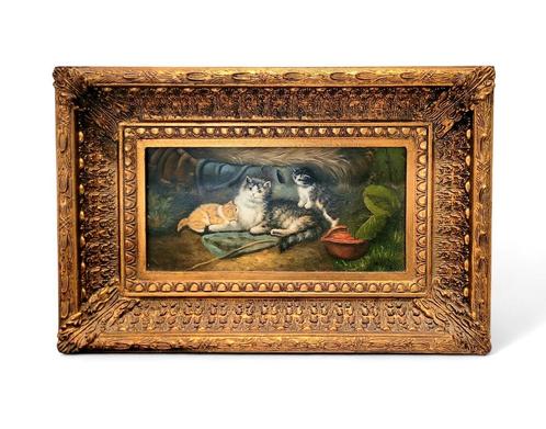 Schilderij kittens poezenfamilie., Antiek en Kunst, Kunst | Schilderijen | Klassiek, Ophalen of Verzenden