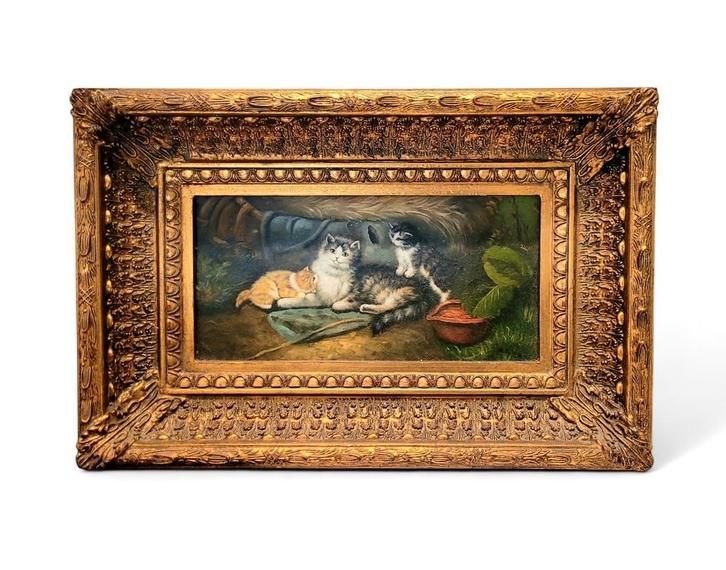 Schilderij kittens poezenfamilie., Antiek en Kunst, Kunst | Schilderijen | Klassiek, Ophalen of Verzenden