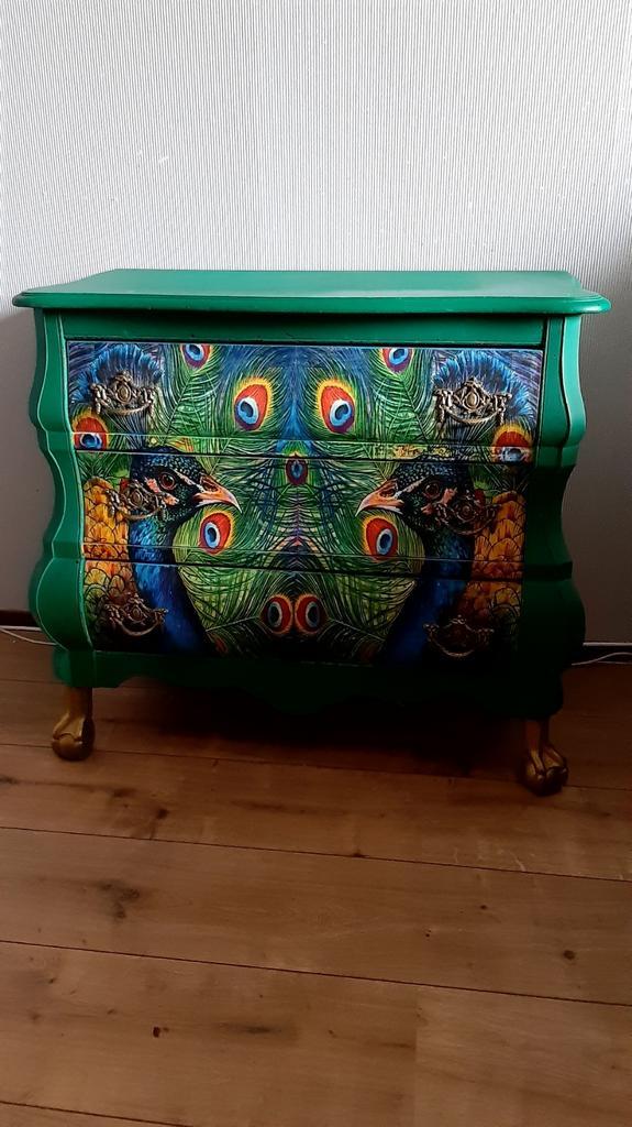 Handgeschilderde ladekastjes met pauw motief, Huis en Inrichting, Kasten | Ladekasten, Gebruikt, Minder dan 100 cm, 50 tot 100 cm