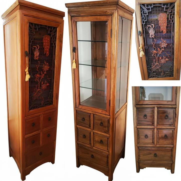 Paar Chinese Kasten - Vitrine Kast en kast met houtsnijwerk, Antiek en Kunst, Antiek | Meubels | Kasten, Ophalen