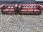 Originele Vintage Chesterfield 3+2 zit bankstel bruin leer, Gebruikt, 150 tot 200 cm, Ophalen of Verzenden, Leer