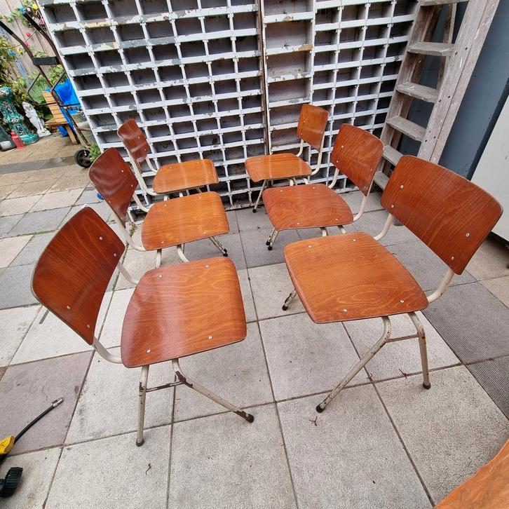 Vintage Marko Schoolstoelen - Set van 6, Huis en Inrichting, Stoelen, Gebruikt, Vijf, Zes of meer stoelen, Hout, Metaal, Bruin