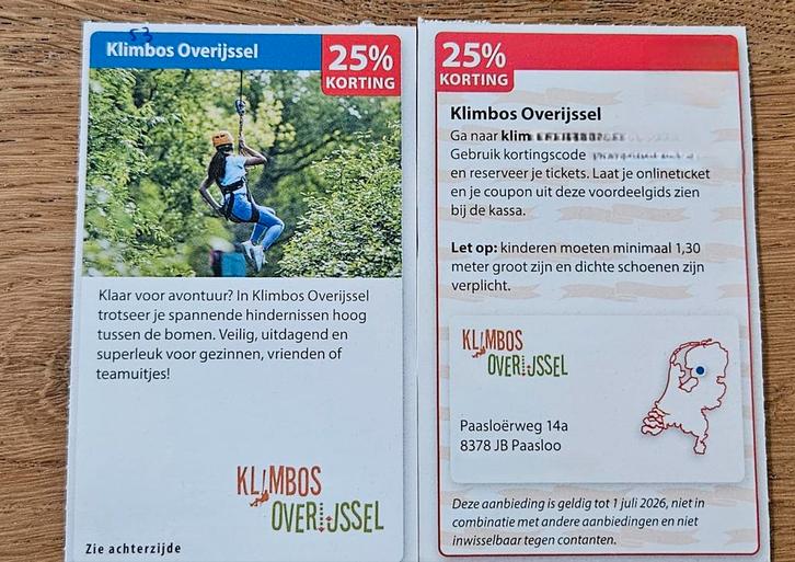 Klimbos Overijsel. 25% korting., Tickets en Kaartjes, Recreatie | Dierentuinen, Drie personen of meer, Kortingskaart