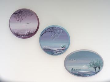 3 handgeschilderde miniatuur schilderijtjes met landschap beschikbaar voor biedingen