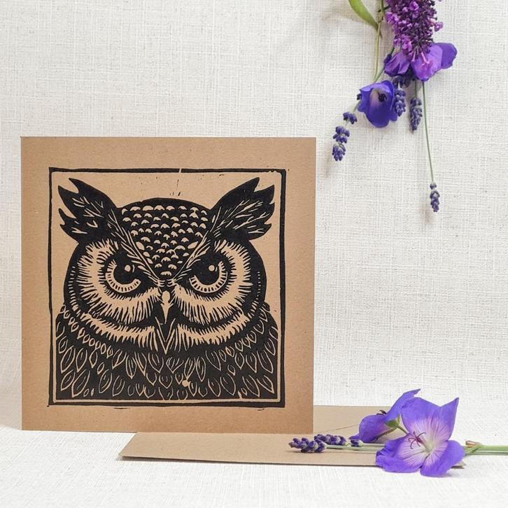 Dubbele kaart met envelop handgemaakt linosnede 15x15 cm, Diversen, Wenskaarten, Nieuw, Ophalen of Verzenden