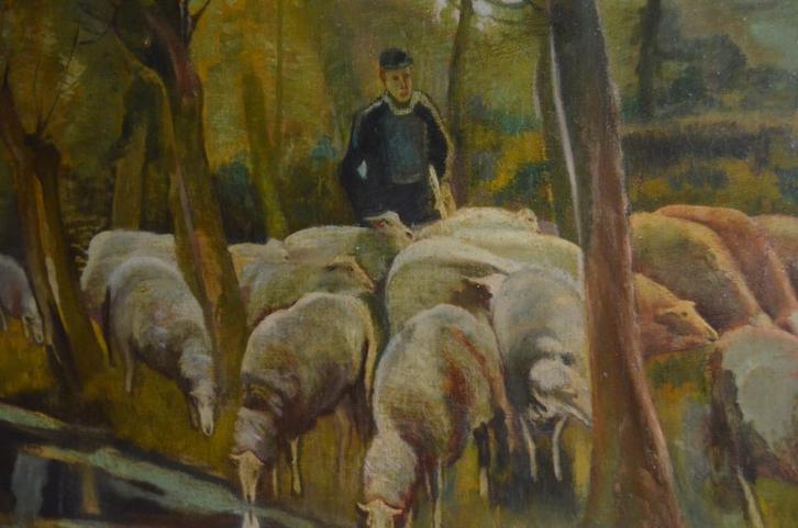 Giga schilderij Maarten Jr. Bos 19e eeuws igst. schaapskudde, Antiek en Kunst, Kunst | Schilderijen | Klassiek, Ophalen