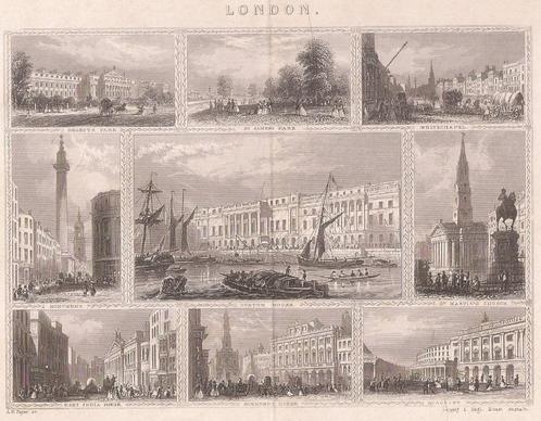 Londen ca. 1850 Blad 9 afb. Custom House Regents Park Monume, Antiek en Kunst, Kunst | Etsen en Gravures, Ophalen of Verzenden