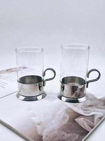 Jenaer Glas Bekers met RVS Houder - Vintage Set beschikbaar voor biedingen