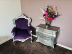 Fauteuil/troon Barok paars/zilver met bijpassende ladekast., Huis en Inrichting, Ophalen, Barok, 75 tot 100 cm, Zo goed als nieuw
