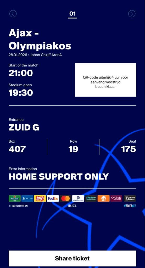 Ajax - Olympiacos, Tickets en Kaartjes, Sport | Voetbal, Eén persoon, Januari, Losse kaart, Europa of Champions League