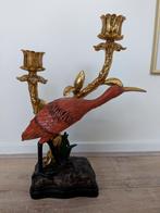 Goudkleurige kandelaar met oranje loopvogel, Antiek en Kunst, Ophalen of Verzenden