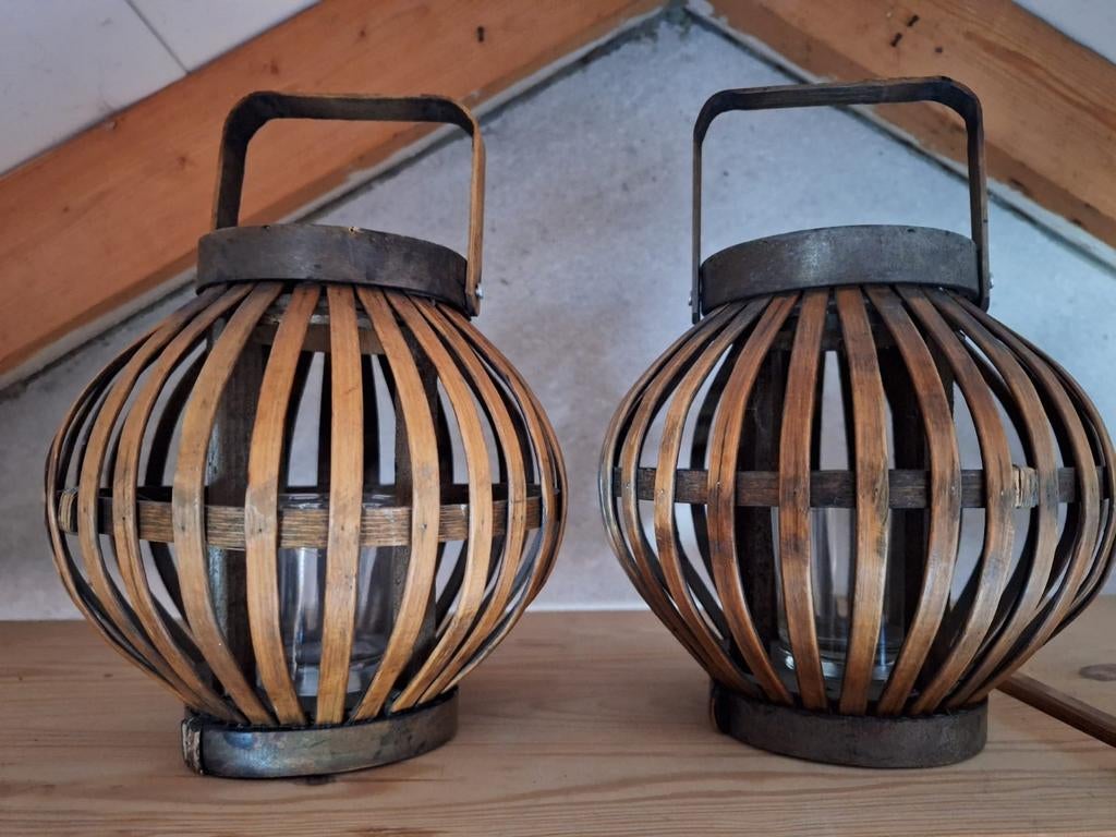 Bamboe windlichten / waxinelichthouders, Ophalen of Verzenden, Zo goed als nieuw, Overige materialen, Minder dan 25 cm