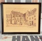 1955 tekening gesigneerd Cauwenberg HS.H op het dorpsplein, Ophalen of Verzenden