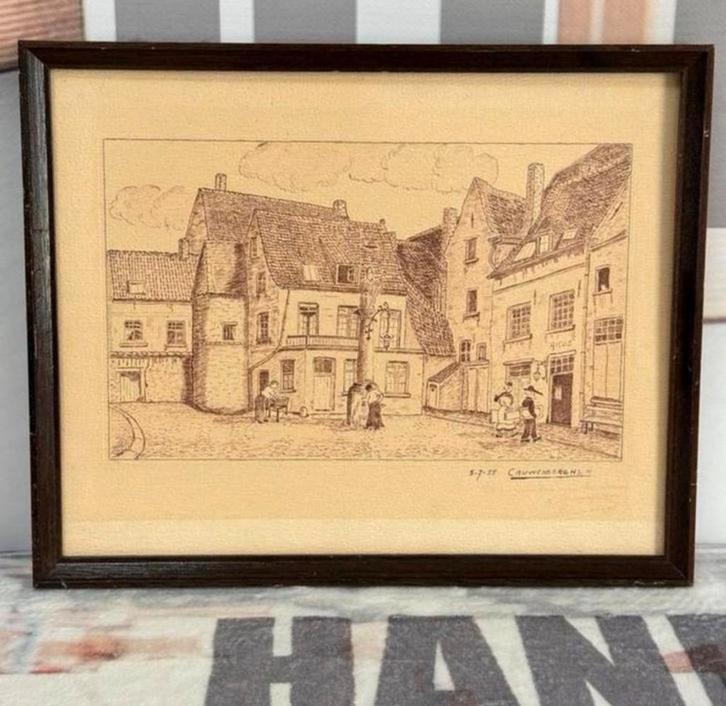 1955 tekening gesigneerd Cauwenberg HS.H op het dorpsplein, Antiek en Kunst, Kunst | Tekeningen en Foto's, Ophalen of Verzenden