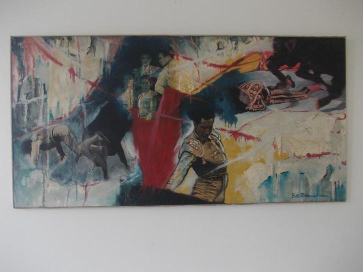 Kleurige stierenvechters collage op paneel (Bob Denneboom), Antiek en Kunst, Kunst | Schilderijen | Modern, Ophalen of Verzenden