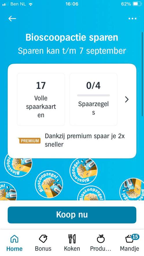 Spaarkaarten AH bioscoop 1 euro per volle kaart, Tickets en Kaartjes, Kortingen en Cadeaubonnen, Overige typen, Kortingsbon