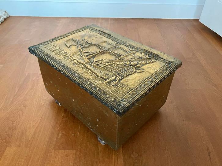 Engelse Koperen Turfkist met Scheepsmotief, Antiek en Kunst, Antiek | Koper en Brons, Koper, Ophalen of Verzenden