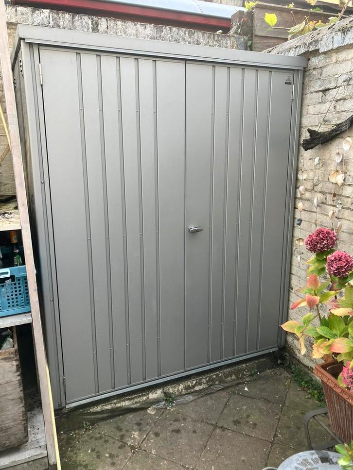 Biohort tuinkast zilvergrijs (bxdxh)155x83x182,5 cm, Tuin en Terras, Bergingen en Tuinkasten, Gebruikt, Overige typen, Metaal