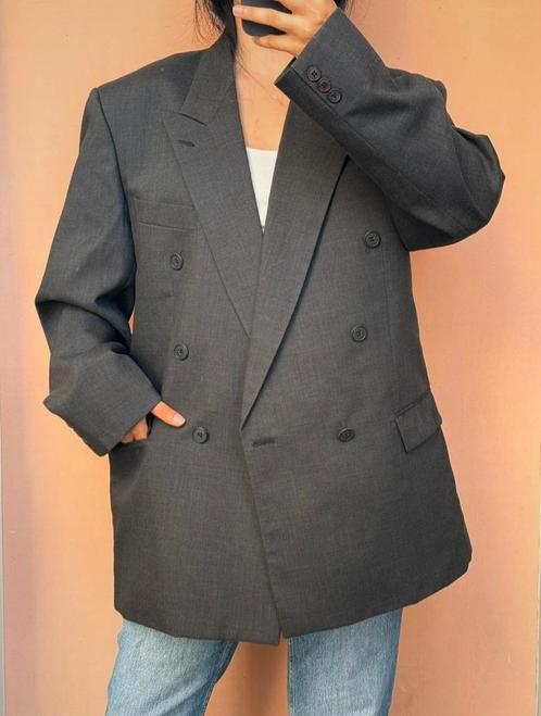 Vintage wollen oversized double breasted colbert grijs, Kleding | Dames, Jasjes, Kostuums en Pakken, Zo goed als nieuw, Maat 46/48 (XL) of groter