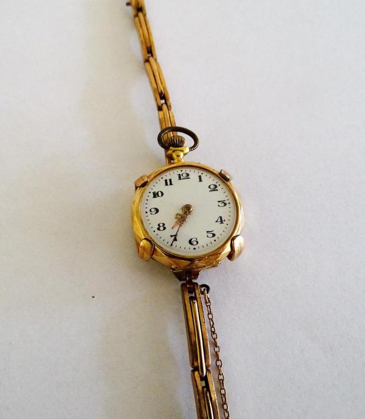 Antiek 14K goud dames horloge met klik-schakel band, Sieraden, Tassen en Uiterlijk, Antieke sieraden, Goud, Ophalen of Verzenden