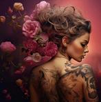 Glasschilderij vrouw met Tattoo's en Bloemen, Gehard glas, Huis en Inrichting, Ophalen of Verzenden, Nieuw