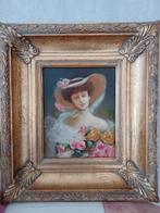 Antiek schilderij dame met bloemen in lijst, Antiek en Kunst, Ophalen of Verzenden