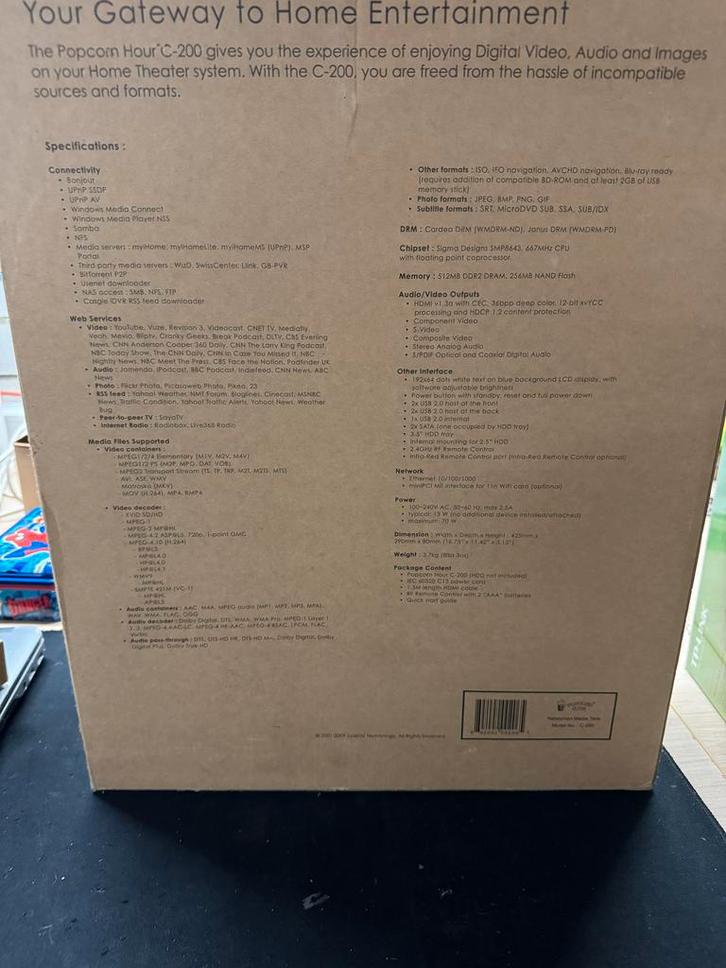 Popcorn Hour C-200 Mediaspeler, Audio, Tv en Foto, Mediaspelers, Nieuw, Zonder harde schijf, HDMI, USB 2.0, Ophalen of Verzenden
