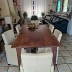 Eikenhouten eettafel met 6 leren stoelen, Gebruikt, 100 tot 150 cm, Eikenhout, 200 cm of meer