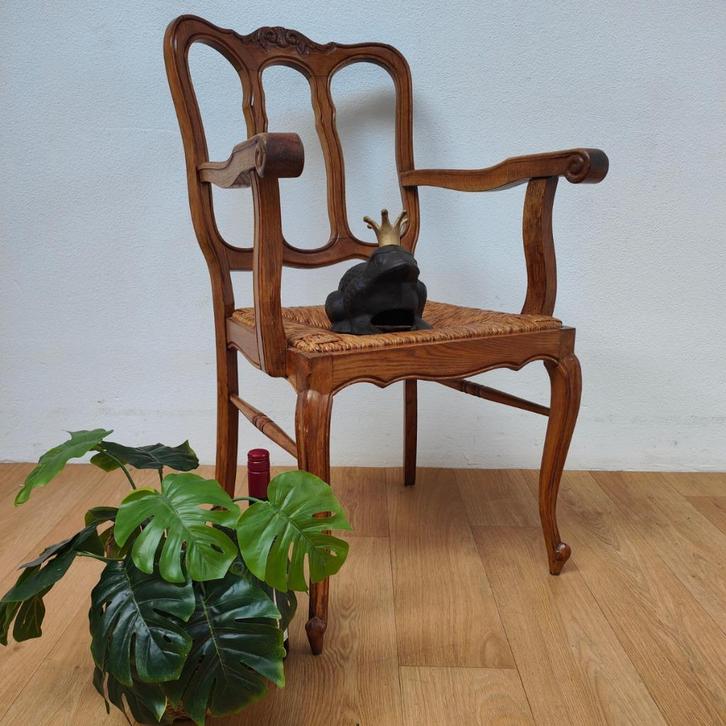 Vintage Queen Ann armstoel, fauteuil, stoel, bureaustoel, Huis en Inrichting, Stoelen, Gebruikt, Eén, Hout, Riet of Rotan, Bruin