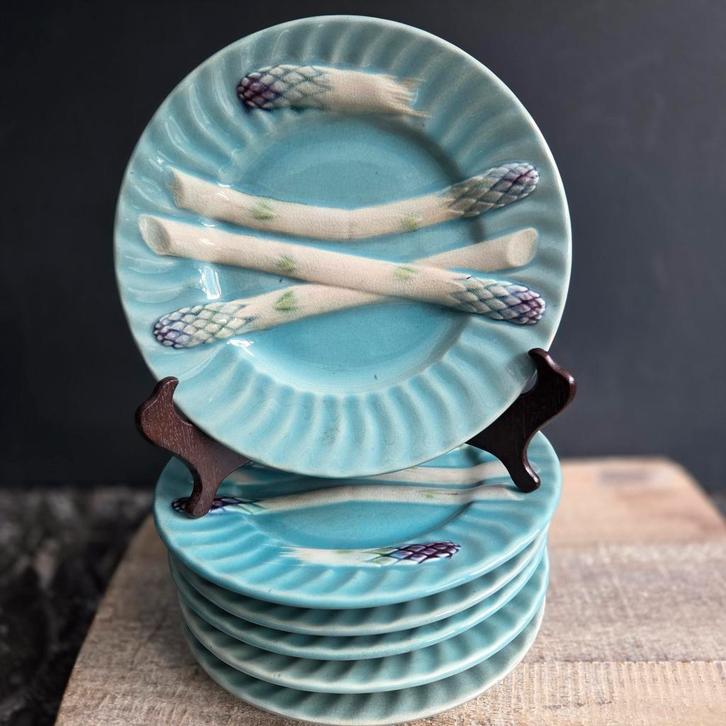6 antieke Franse, Luneville, asperge borden, Antiek en Kunst, Antiek | Servies compleet, Ophalen of Verzenden