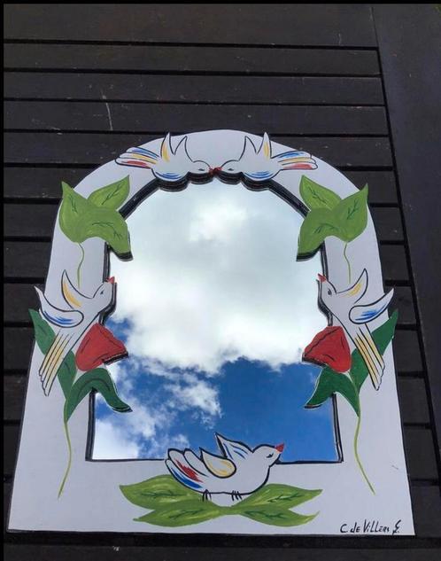 Handgemaakte / unieke spiegel met bloemen en vogels, Antiek en Kunst, Antiek | Spiegels, Minder dan 50 cm, Minder dan 100 cm, Ophalen of Verzenden