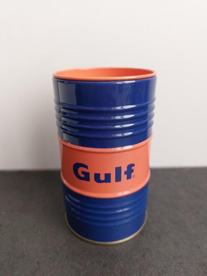 Leuke retro metalen spaarpot voorstellende een olievat Gulf, Verzamelen, Retro, Huis en Inrichting, Ophalen of Verzenden