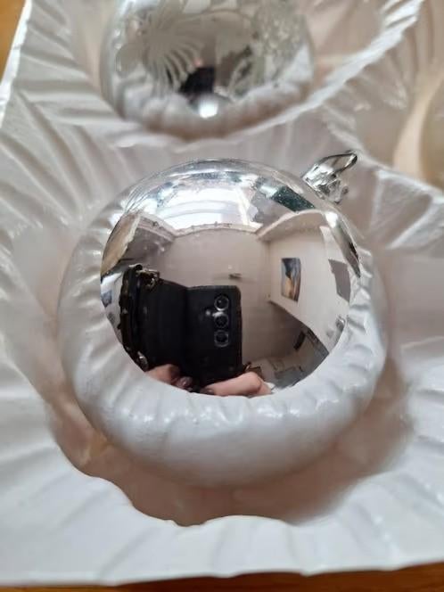 3 zilverkleurige kerstballen in doos h, Original Thüringer christbaumschmuck, Onbekend, Nieuw, Ophalen of Verzenden