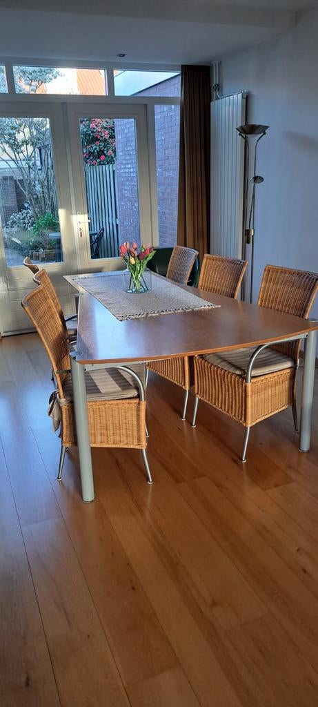 Degelijke eettafel (225 cm) met 6 rieten stoelen, Ophalen of Verzenden, Gebruikt, 4 tot 6 stoelen