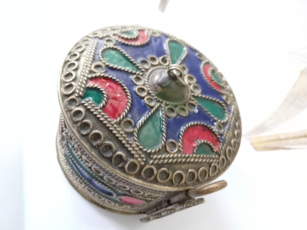 Vintage Marokkaanse sieradendoosje met emaille decoratie, Ophalen of Verzenden