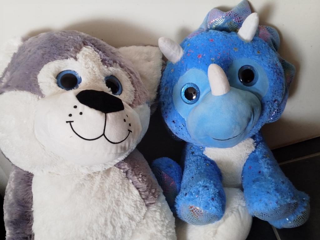 2 XXL knuffels: Husky hond & Rehno dino, Grijs, Zo goed als nieuw, Groot (groter dan 80 cm), Hond
