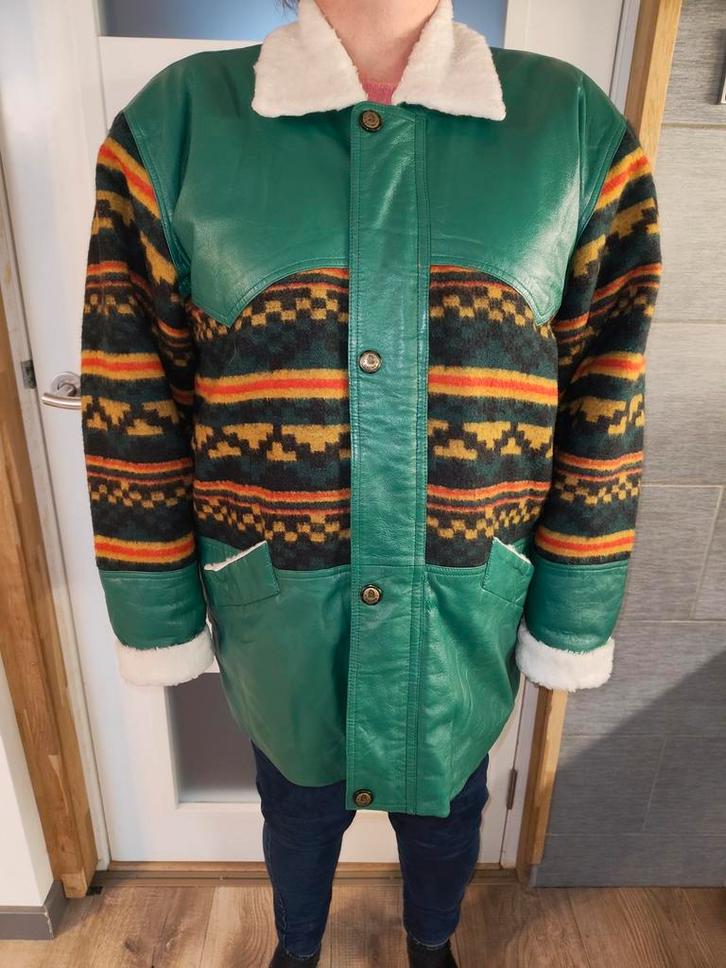 Vintage leren jas met patroon en teddy voering, Kleding | Heren, Jassen | Winter, Gedragen, Maat 52/54 (L), Groen, Ophalen of Verzenden