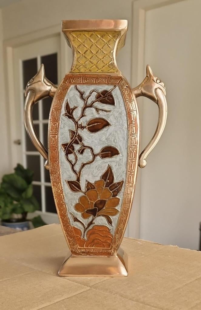 Zeldzame Art Deco Vaas van geëmailleerd brons messing, Antiek en Kunst, Antiek | Vazen, Ophalen of Verzenden
