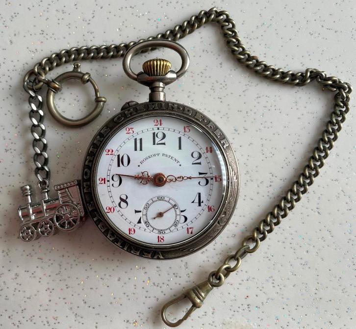 Roskopf spoorwegzakhorloge type 12 met ketting, Sieraden, Tassen en Uiterlijk, Horloges | Antiek, Zakhorloge, Omega, Staal, 1900 tot 1930