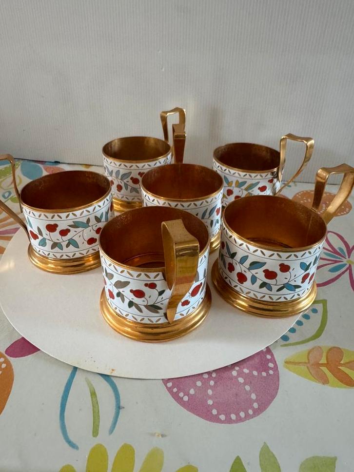 Zes theeglashouders met emaille, Antiek en Kunst, Antiek | Servies los, Ophalen of Verzenden